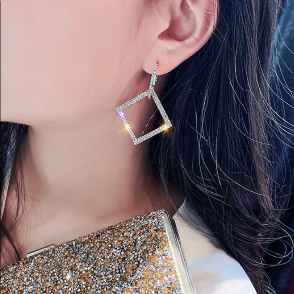 Silver Rhinestone Dangle Earrings - Picture 3 of 7